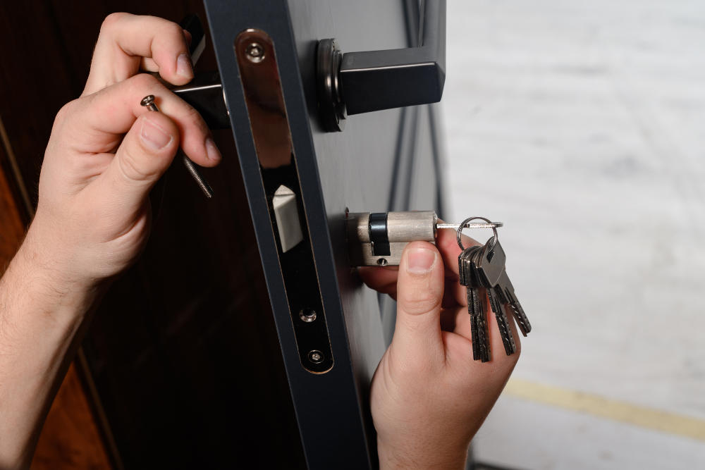 Locksmith fitting a residential door lock cylinder